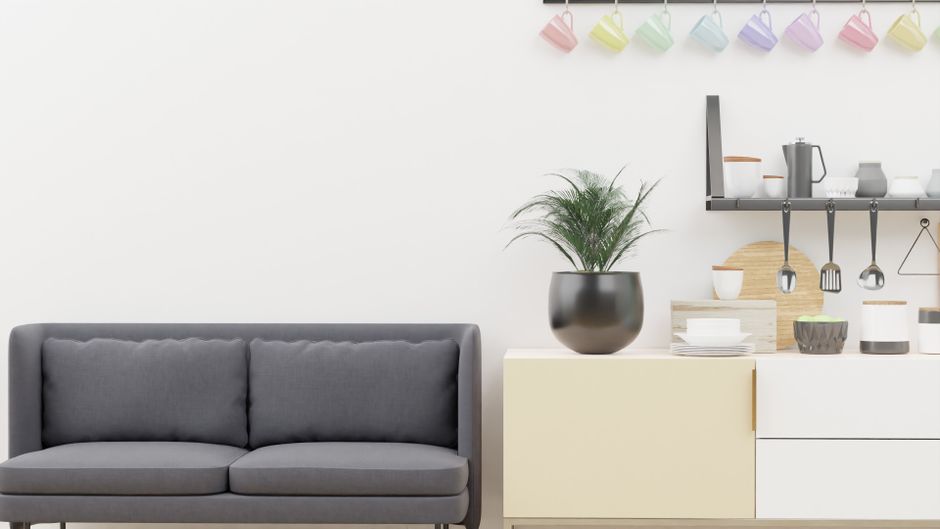 Bright and stylish minimalist living space with modern kitchen decor and cozy sofa.